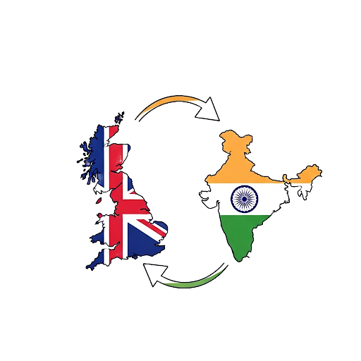 A graphic showing the outlines of the UK and India with cyclical arrows connecting them, symbolizing partnership.